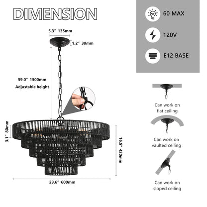 24" Rustic 5-Tier Pendant Light Chandelier with 8 E12 Sockets - Black