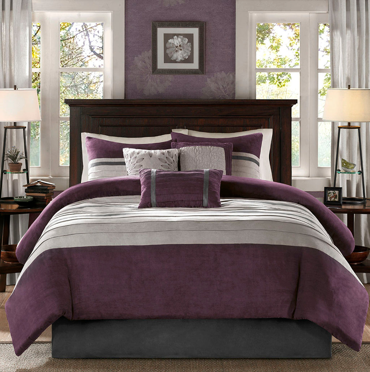 Faux Suede 7 Piece Queen Comforter Set with Embroidered Pillows - Purple
