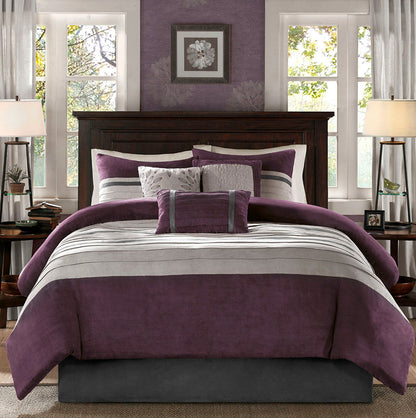 Faux Suede 7 Piece Queen Comforter Set with Embroidered Pillows - Purple