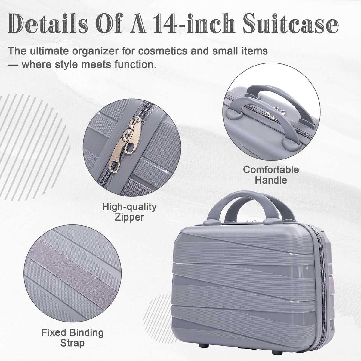 4-Piece Polypropylene Luggage Set with Spinner Wheels and Cosmetic Case - Light Gray