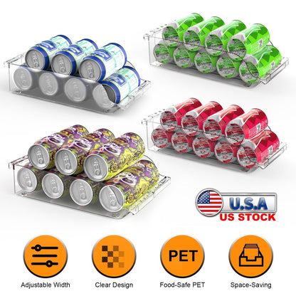 4Pcs Soda Can Organizers for Refrigerator Width Adjustable Clear Drink Organizer Expandable Can Holder Dispenser for Fridge Pantry Freezer