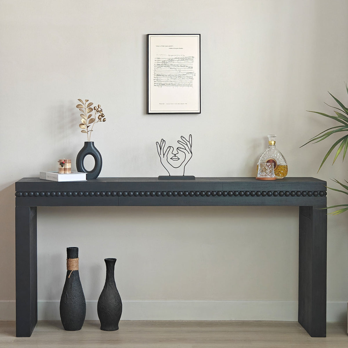 Modern Black Wood Console Table with Beaded Trim - 64in