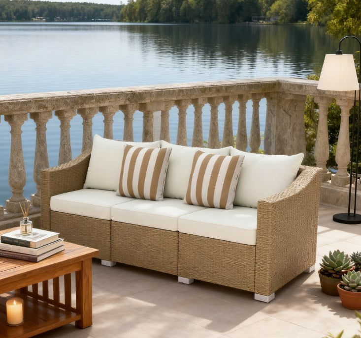 Outdoor Rattan Sofa with Cushions and Throw Pillows - Natural