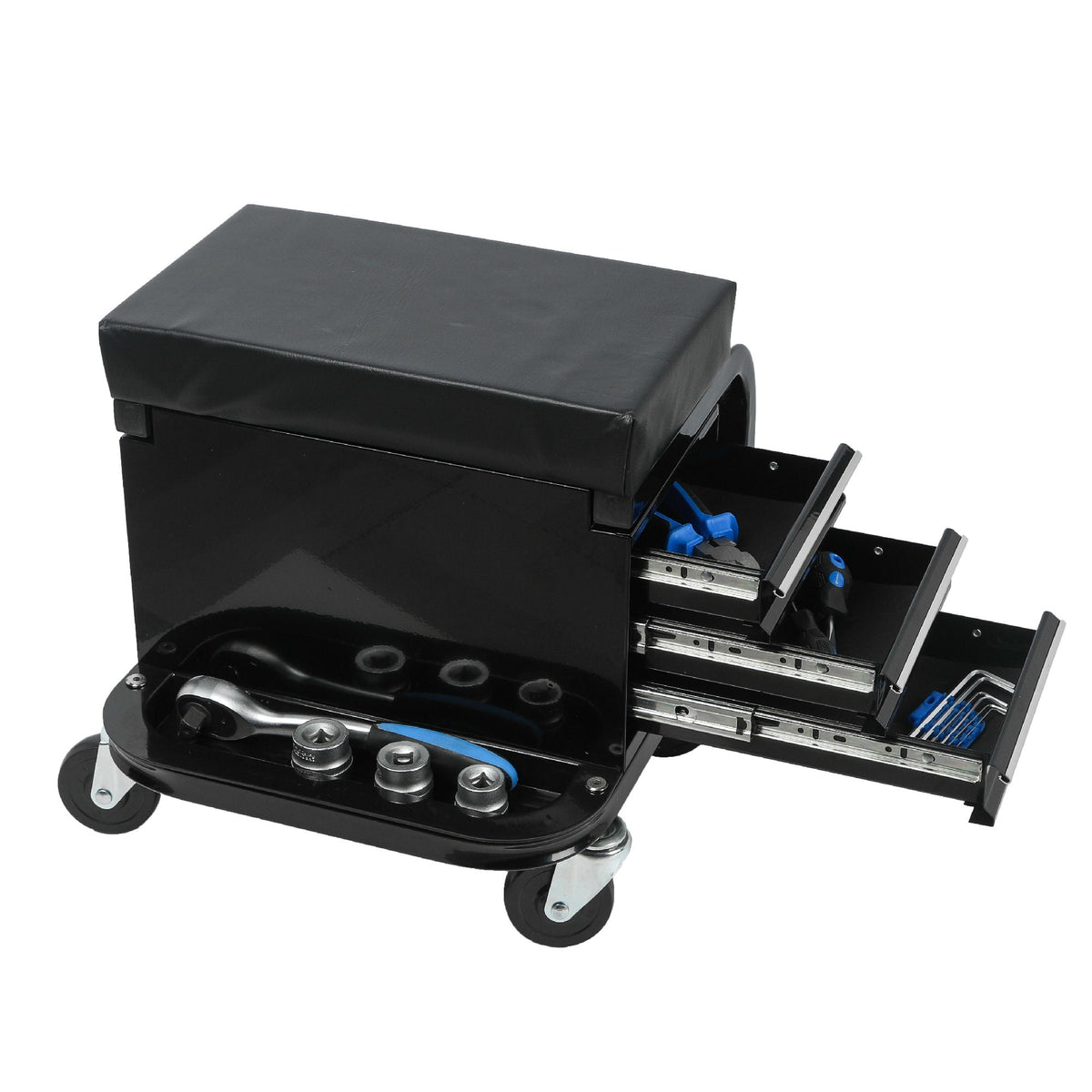 Rolling Creeper Garage Seat with 3 Built-In Drawers - Black