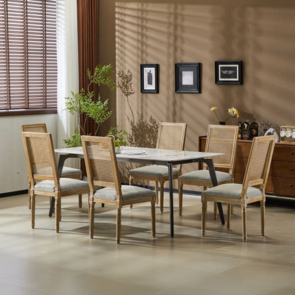 French Country Dining Chair with Rectangular Cane Backrest and Upholstered Seat