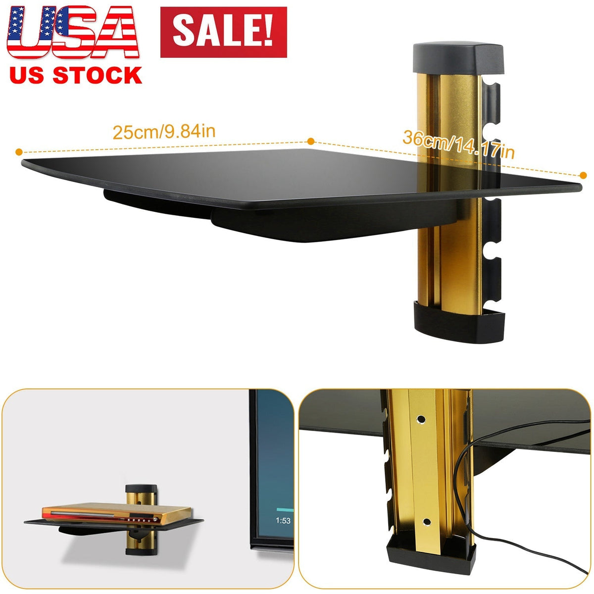 Floating Wall Mounted Strengthened Tempered Glass Shelf for DVD Cable Boxes
