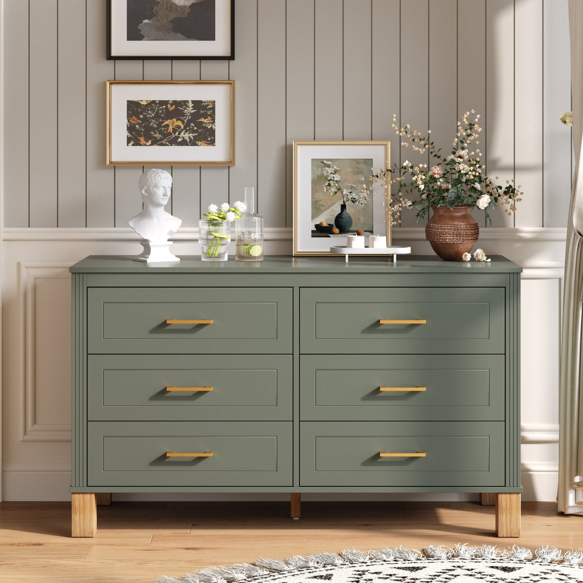 6-Drawer Double Dresser with Solid Wood Legs - Olive