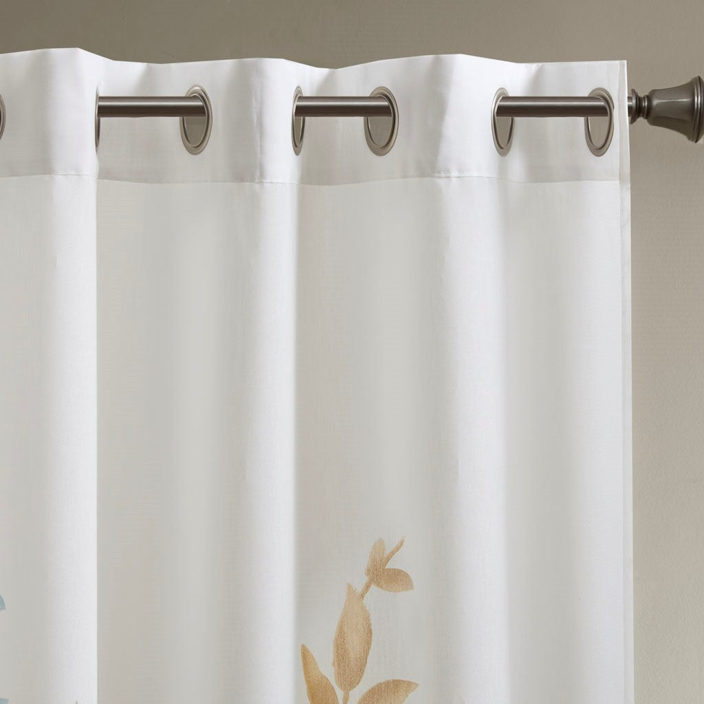 Burnout Printed Curtain Panel with Botanical Burnout Print - Ivory Gold