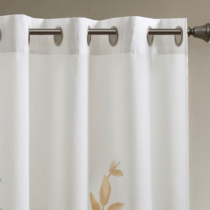 Burnout Printed Curtain Panel with Botanical Burnout Print - Ivory Gold