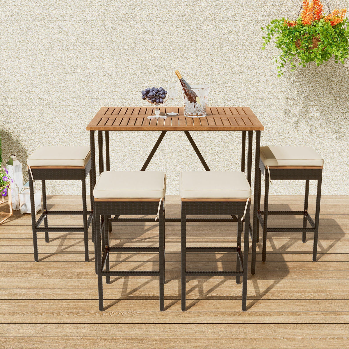 Acacia Wood Outdoor Bar Height Table Set with Cushioned Stools - Light Brown