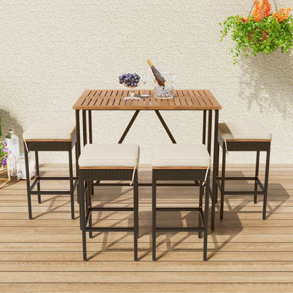 Acacia Wood Outdoor Bar Height Table Set with Cushioned Stools - Light Brown