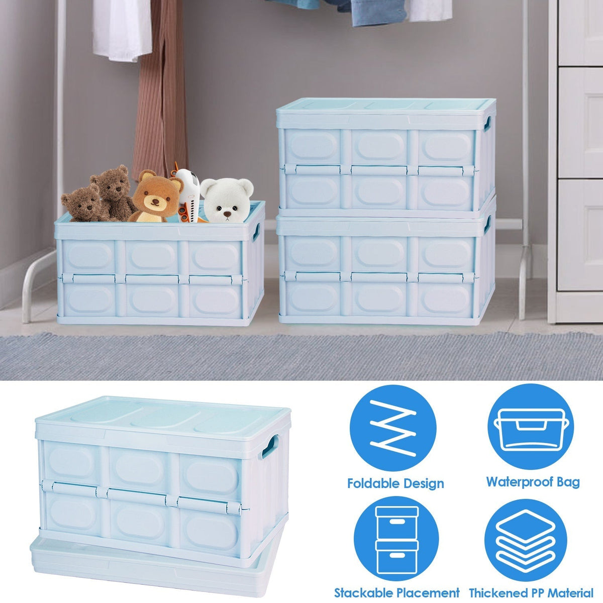 2Pcs 30L Collapsible Storage Bins With Dustproof Lid Waterproof Interior Bag Handle Stackable Storage Box Container Utility Organizer Crate For Campin