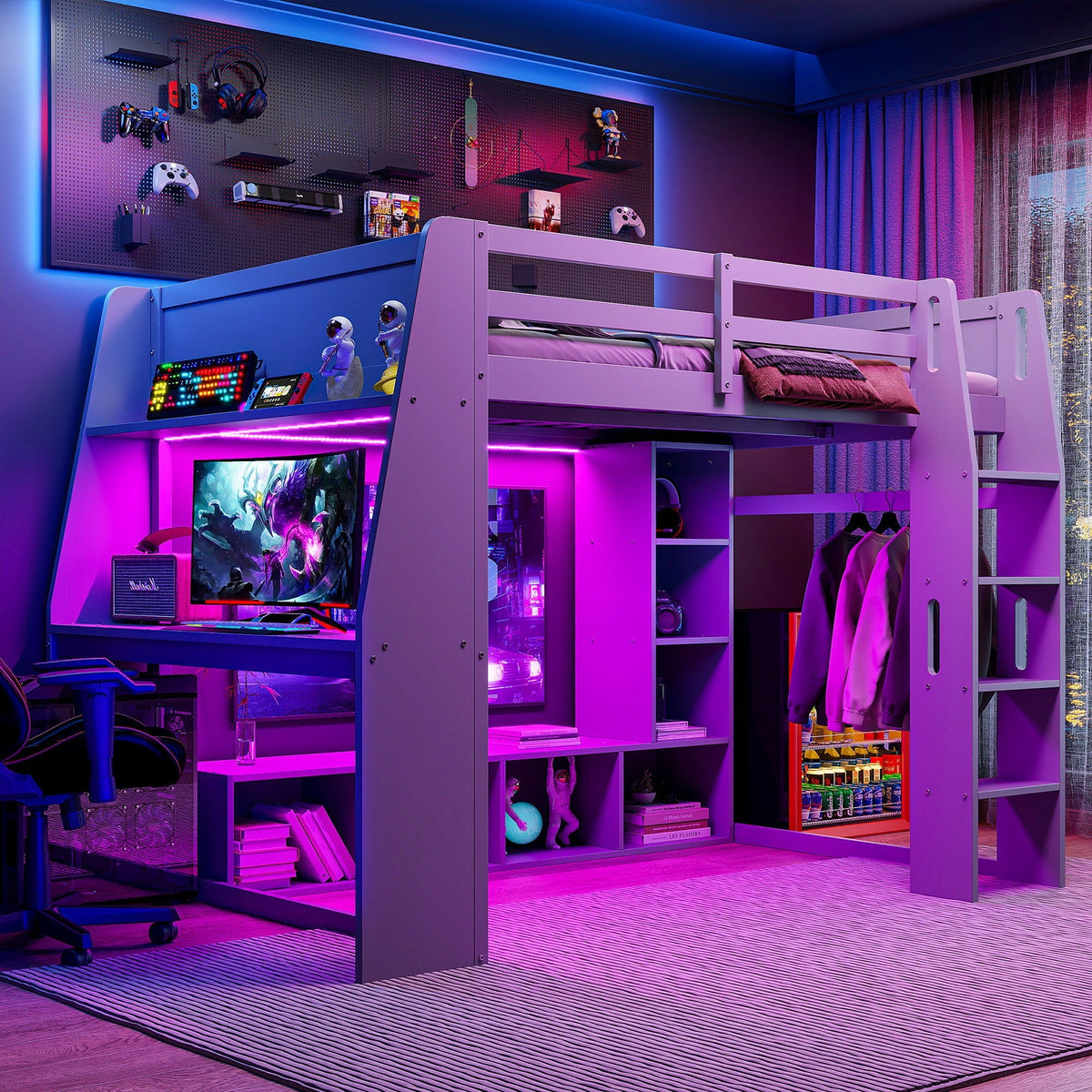 Full Size Gaming Loft Bed with Desk, Storage & LED Lighting - Gray
