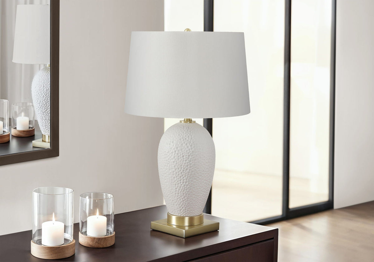 White Ceramic Table Lamp with Linen Shade - Transitional Style - White
