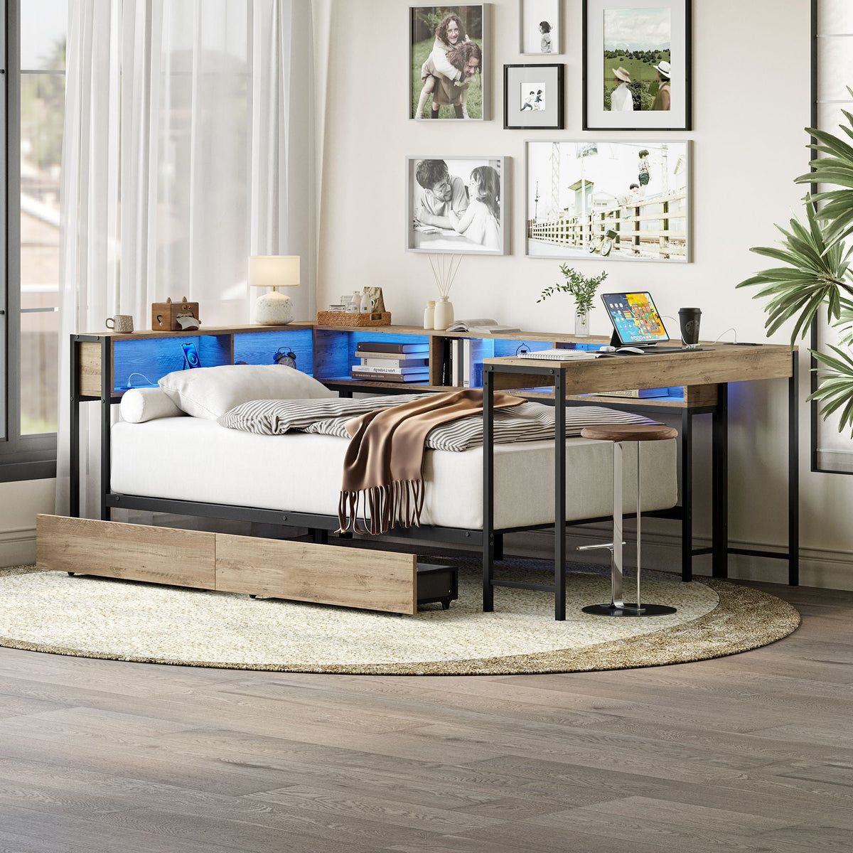 Twin Storage Bed with Bookcase, LED Light & Charging Station - Gray