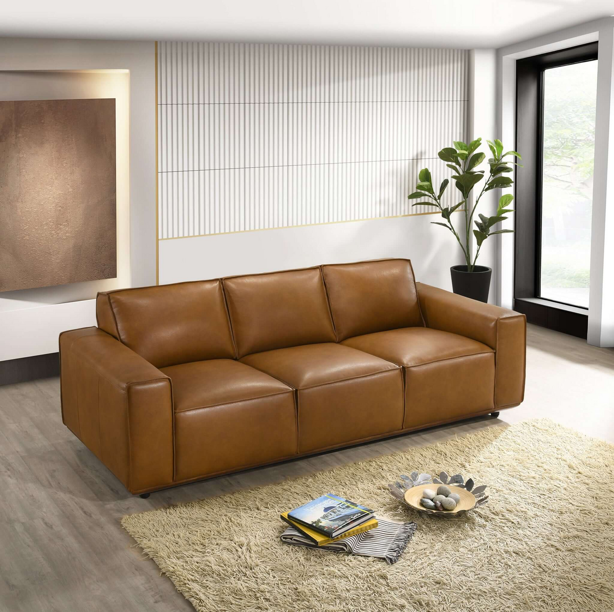 Genuine Tan Leather Sofa with Solid Wood Frame - Tan
