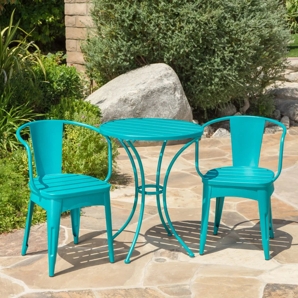 Colmar 3 Piece Metal Outdoor Set with Stackable Armchairs – Light Blue or Yellow