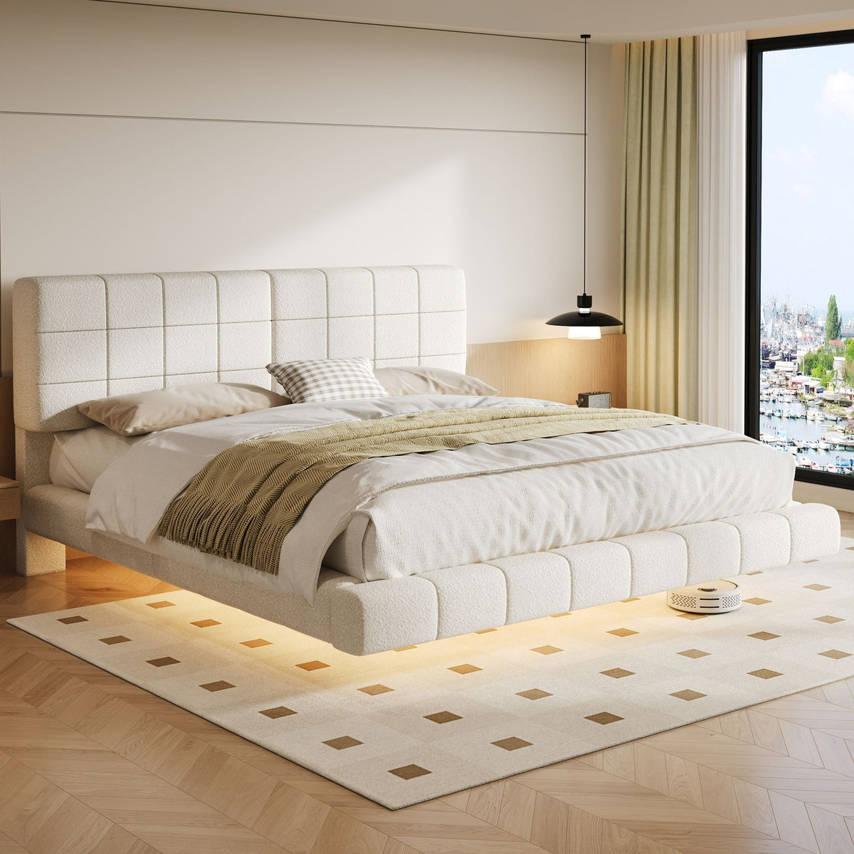 Floating Upholstered Bed with Light Strip - White