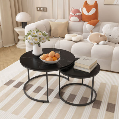 Round Nesting Coffee Table Set of 2 with Metal Base - Light Brown, White, or Black