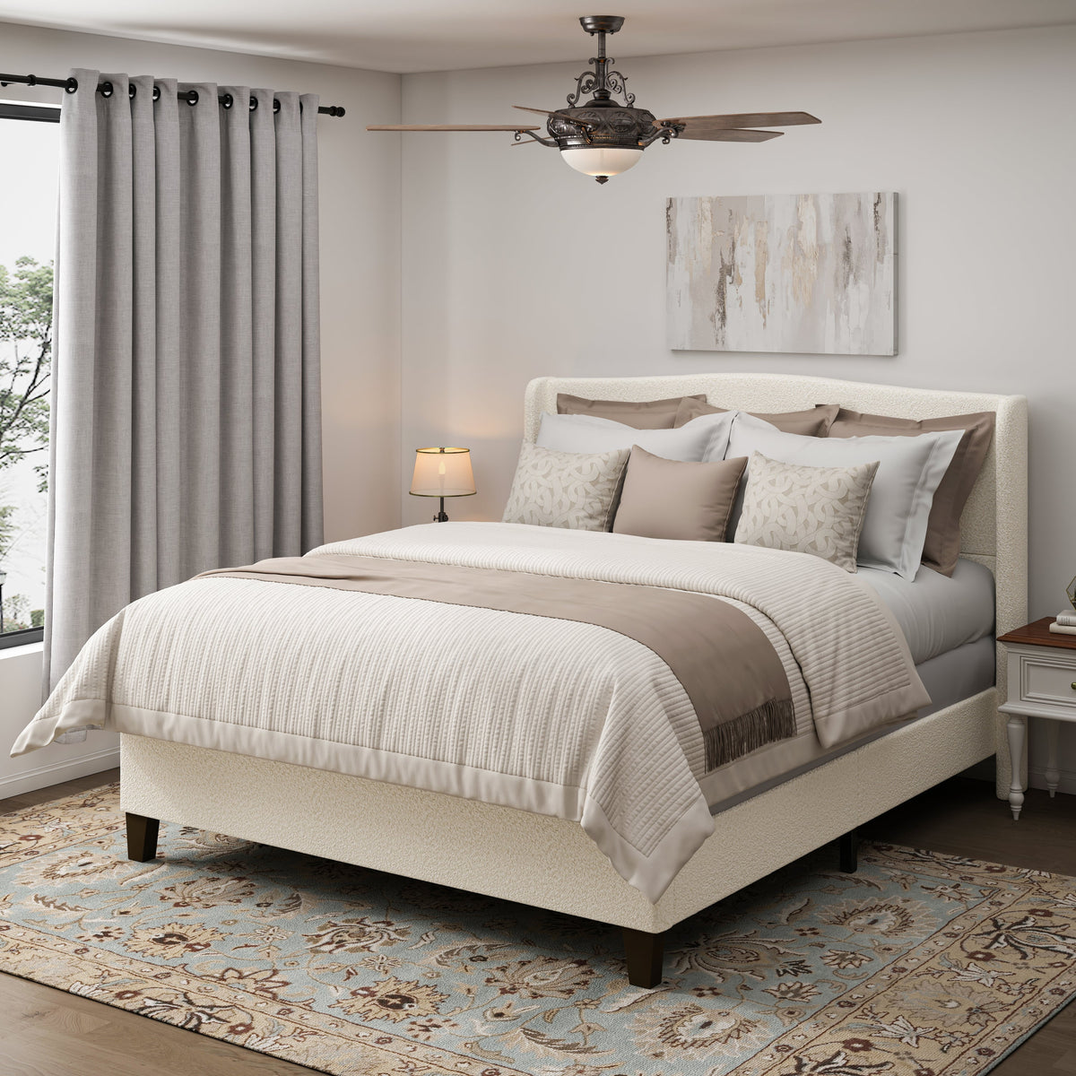 King Size Bed Frame with Upholstered Teddy Velvet Headboard - White