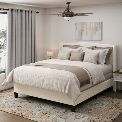 King Size Bed Frame with Upholstered Teddy Velvet Headboard - White