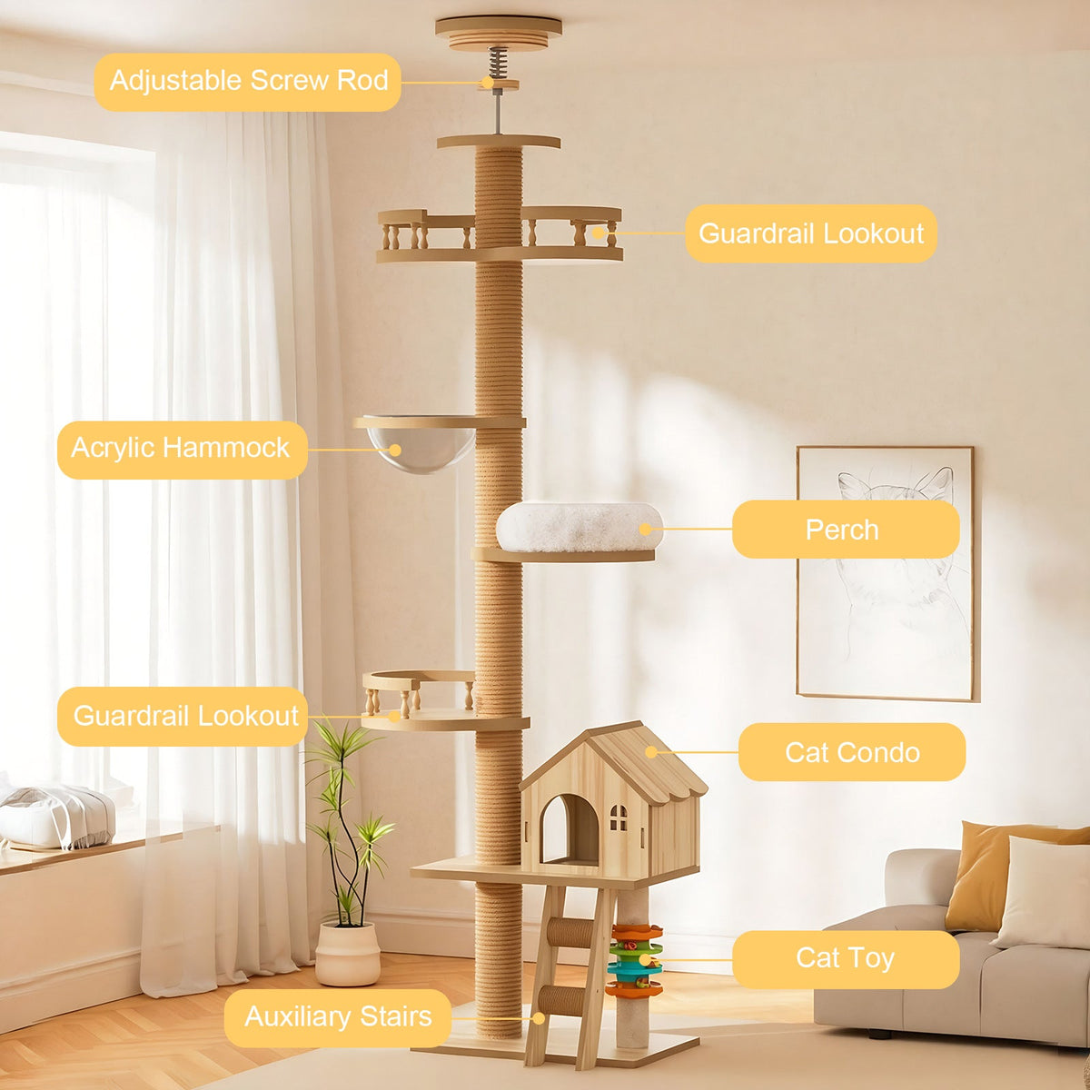 Floor to Ceiling Cat Tree with Wood Condo Cave Bed and Hammock - Adjustable Height