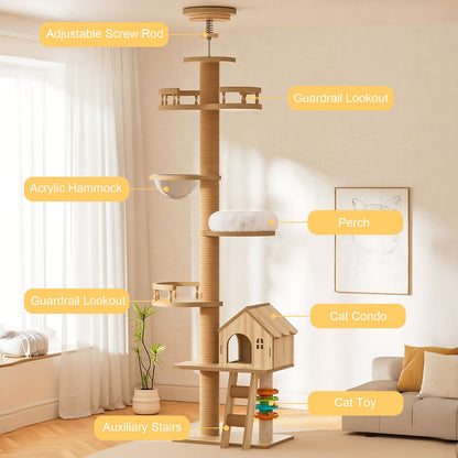 Floor to Ceiling Cat Tree with Wood Condo Cave Bed and Hammock - Adjustable Height