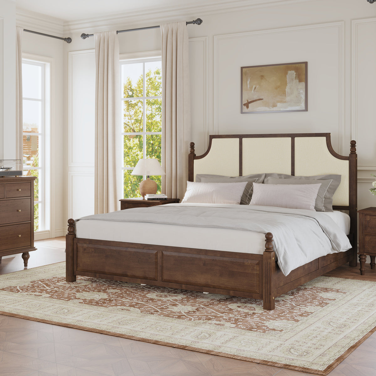 King Size Farmhouse Solid Wood Platform Bed Frame with 50.8" Tall Headboard - Walnut