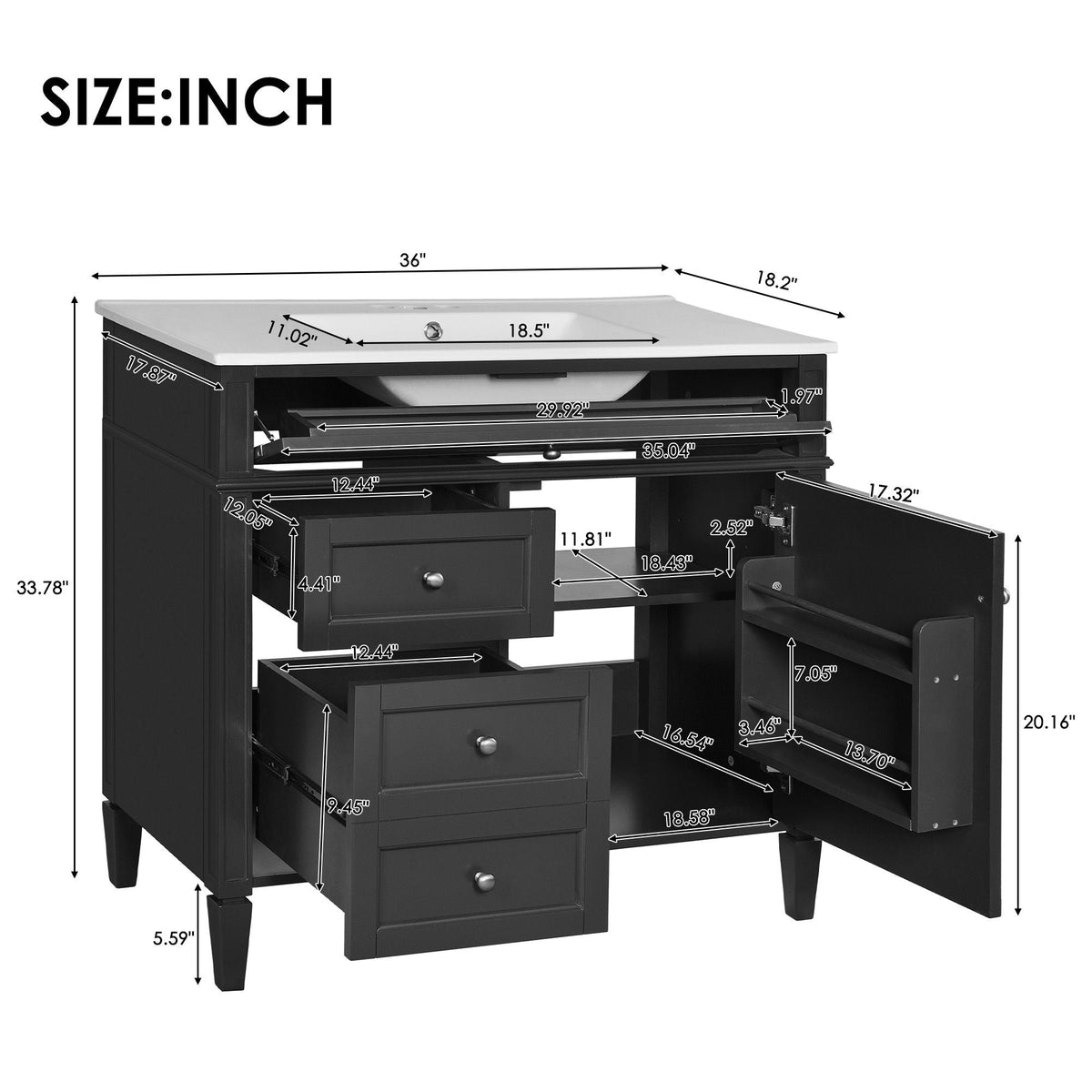 36" Bathroom Vanity with Ceramic Sink and Storage Drawers - Multiple Colors