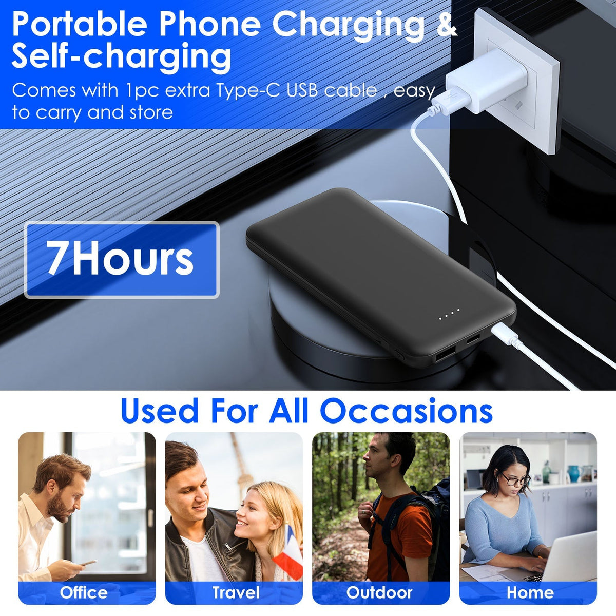 10000mAh Power Bank Portable Phone Charger External Battery Pack with LT & Type-C Double-ended Cable Type-C USB Cable Fit For IOSPhone 14 Android And