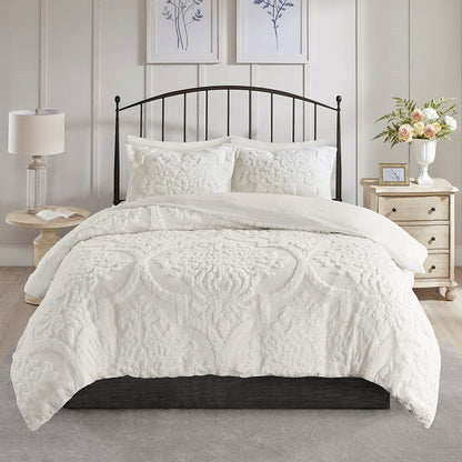 King/Cal King 3 Piece Tufted Cotton Chenille Damask Duvet Cover Set - Off-White