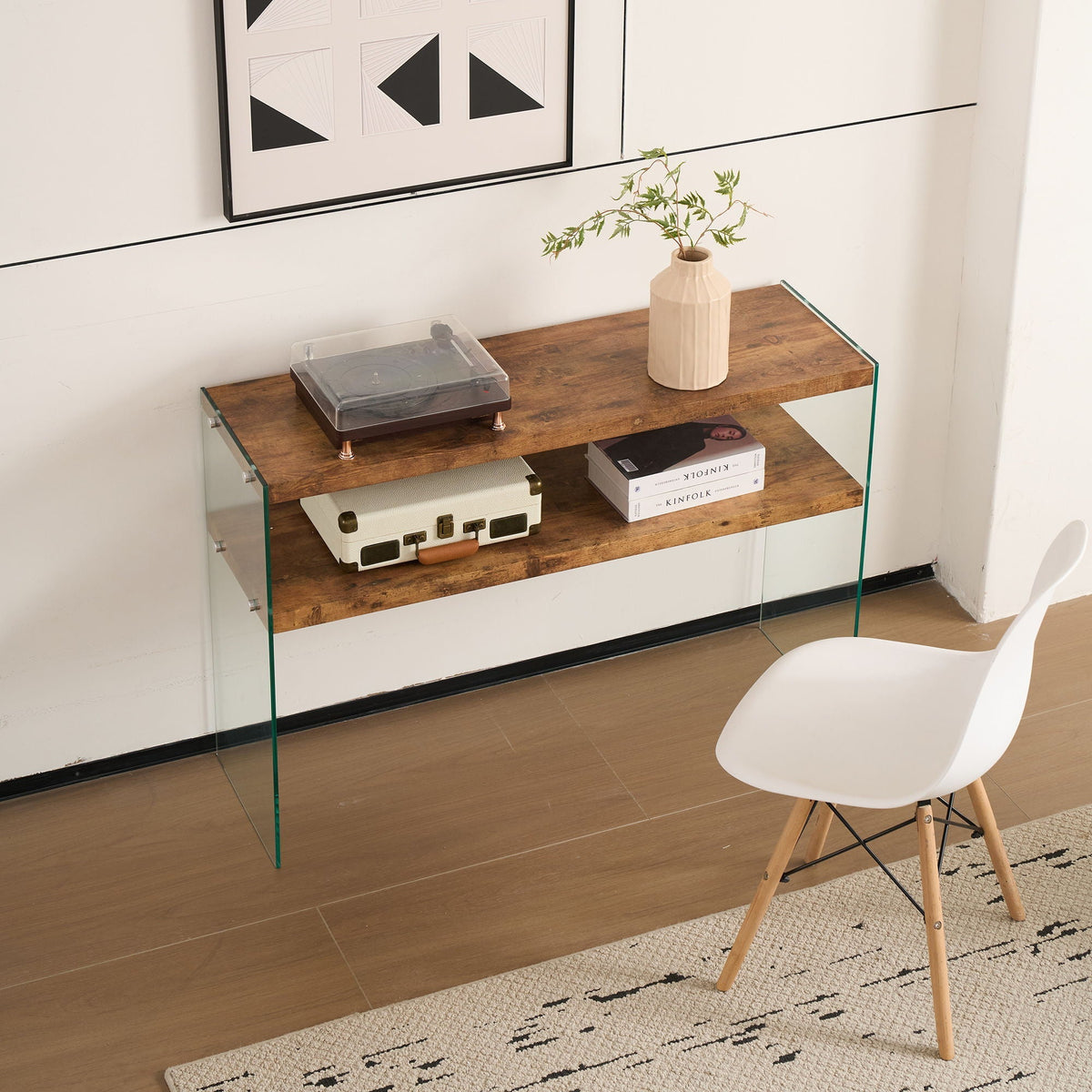 Light Brown Side Table with Tempered Glass Top - Fully Assembled
