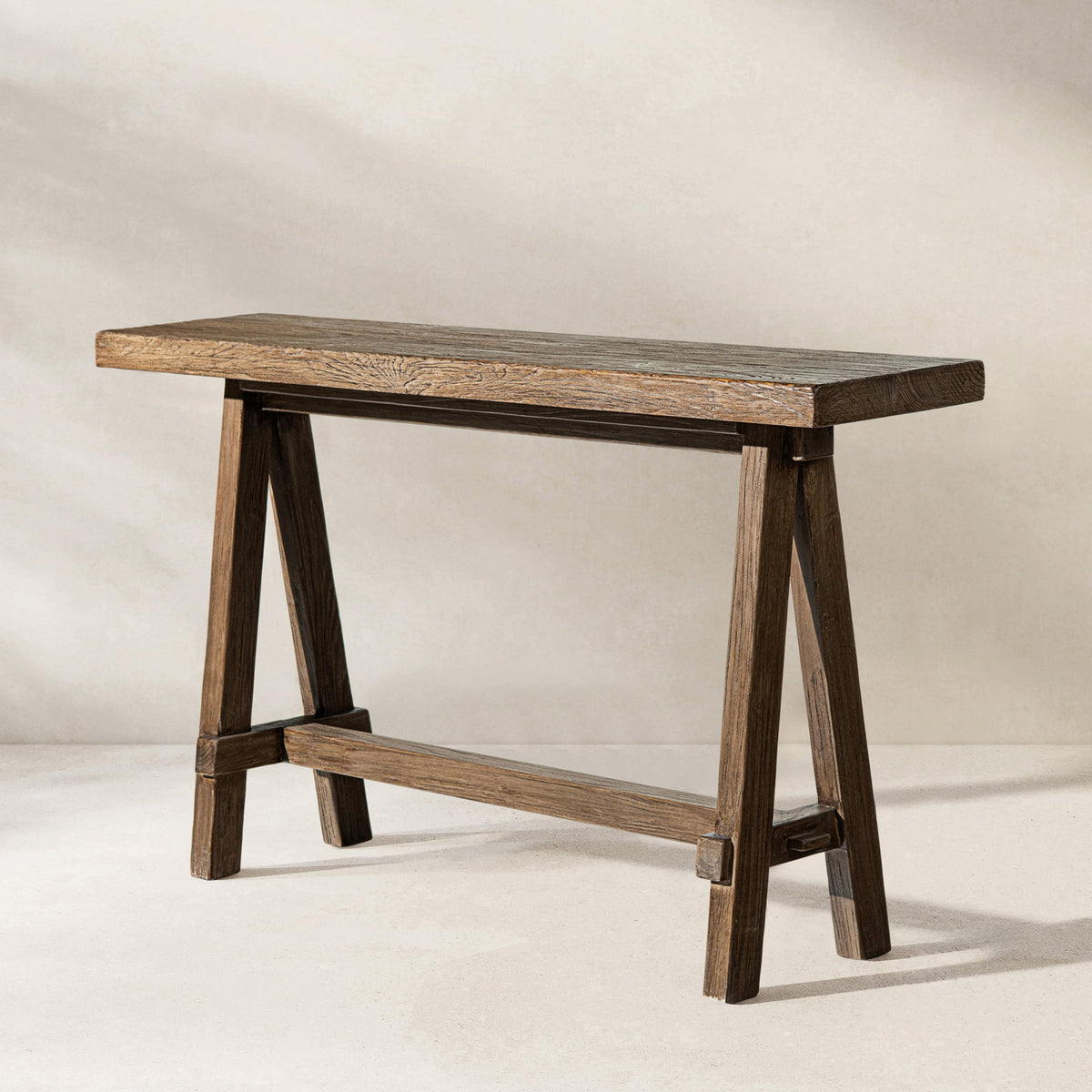 Hawthorne 60'' Reclaimed Elm Trestle Console Table with Solid Wood Base - Medium-Dark Brown