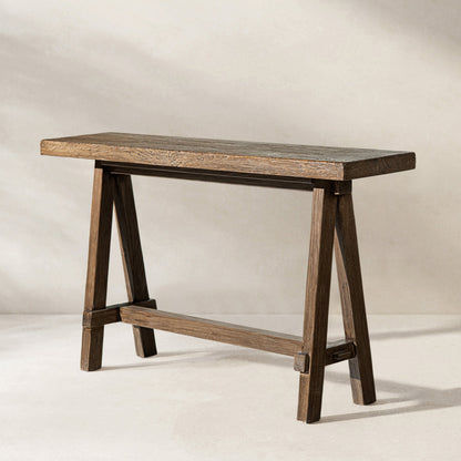 Hawthorne 60'' Reclaimed Elm Trestle Console Table with Solid Wood Base - Medium-Dark Brown