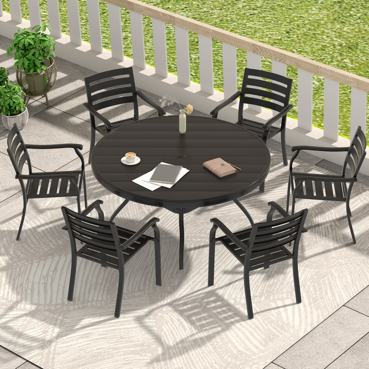 7 Pieces Outdoor Patio Dining Set with Stackable Metal Chairs - Black