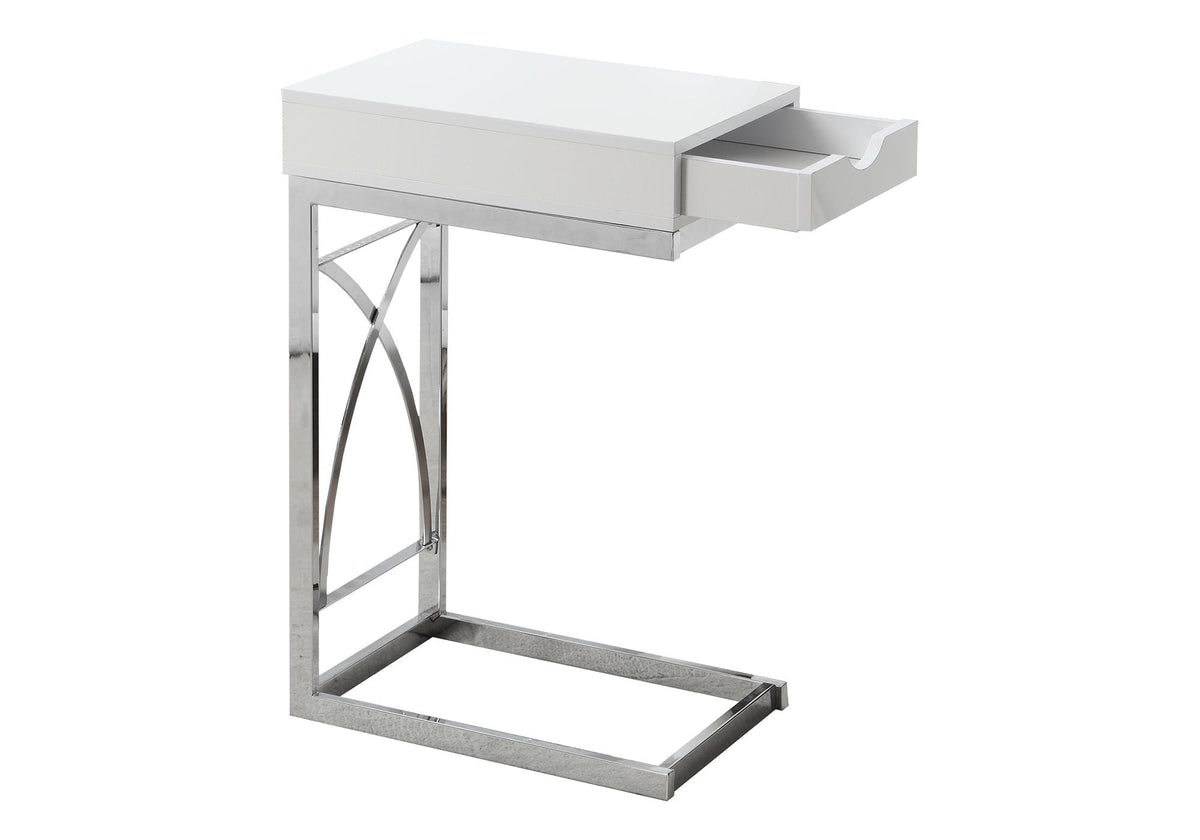 C-Shaped Glossy Accent Table with Dual-Access Drawer - White