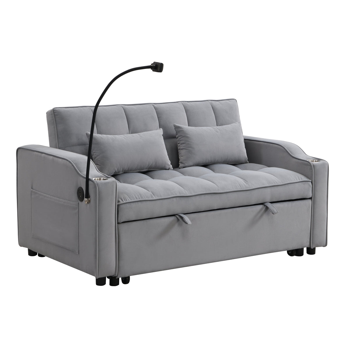 Modern Velvet Sleeper Loveseat with Pullout Bed and USB Ports - Light Gray