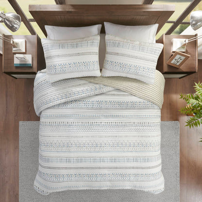 Printed Microfiber Seersucker Quilt Set with Reversible Design - Taupe/Blue