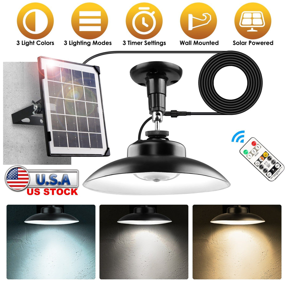Solar Shed Light with Separate Panel Wall Mounted Solar Pendant Light Indoor Outdoor with Remote Timer 3 Modes 3 Light Colors IP 55 Waterproof for Gaz