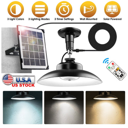 Solar Shed Light with Separate Panel Wall Mounted Solar Pendant Light Indoor Outdoor with Remote Timer 3 Modes 3 Light Colors IP 55 Waterproof for Gaz