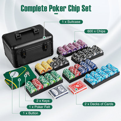 Casino Poker Chips with 600 Pieces Chips Texas Holdem Poker Chip Set-Black
