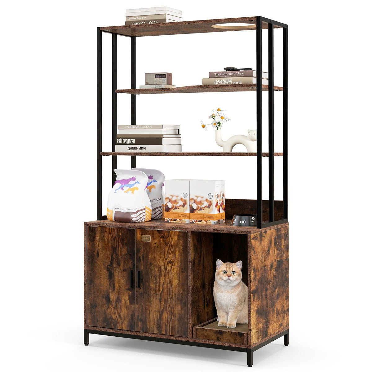 Cat Litter Box Enclosure with Storage and 3-tier Shelves