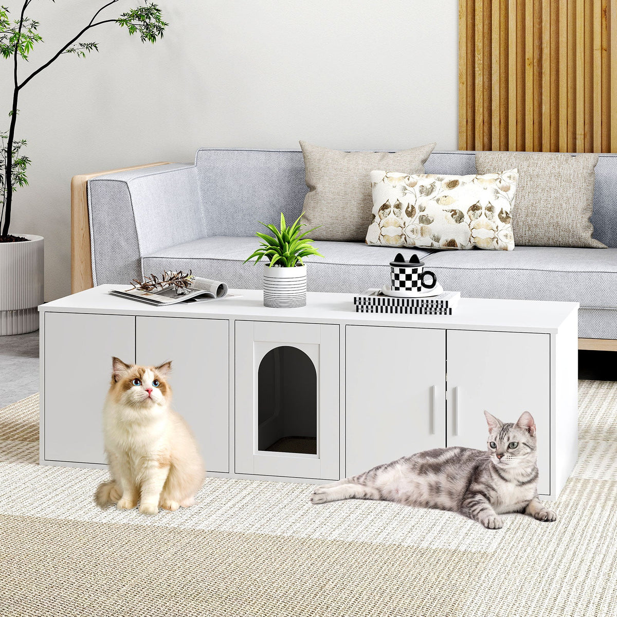 Cat Litter Box Enclosure for 2 Cats with Double Rooms and Sisal Scratching Mat-White