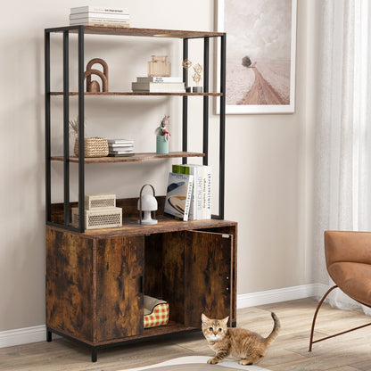 Cat Litter Box Enclosure with Storage and 3-tier Shelves-Rustic Brown