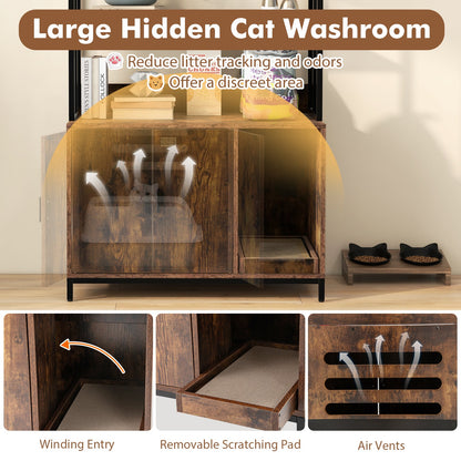 Cat Litter Box Enclosure with Storage and 3-tier Shelves-Rustic Brown
