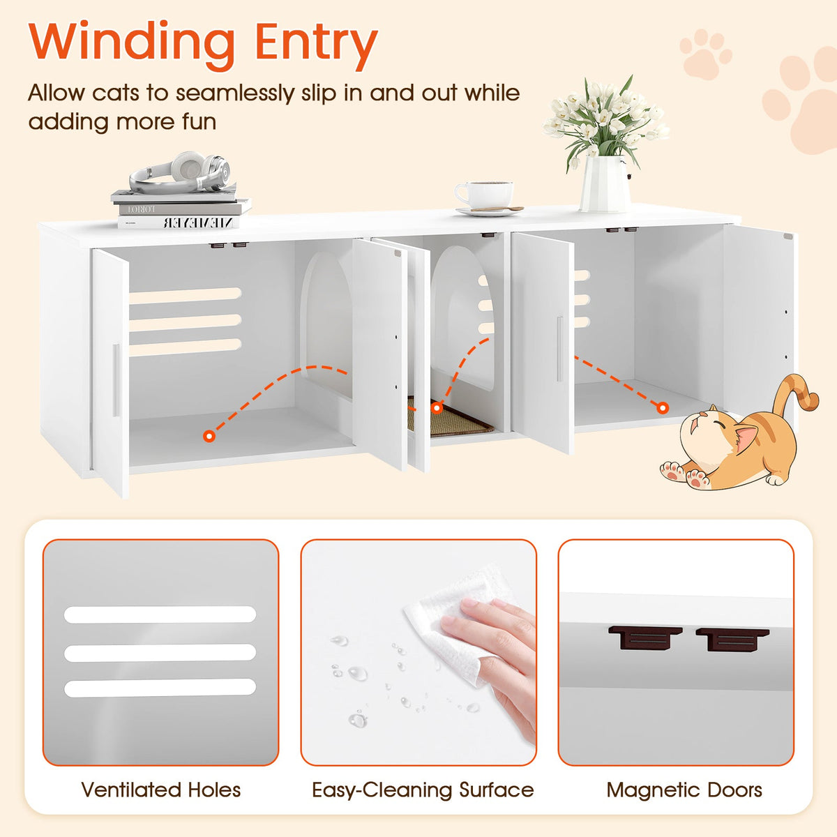Cat Litter Box Enclosure for 2 Cats with Double Rooms and Sisal Scratching Mat-White