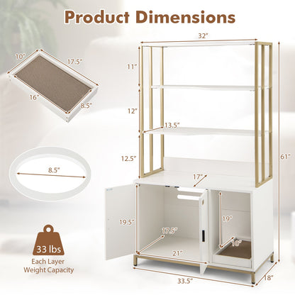 Cat Litter Box Enclosure with Storage and 3-tier Shelves-White