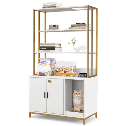 Cat Litter Box Enclosure with Storage and 3-tier Shelves-White
