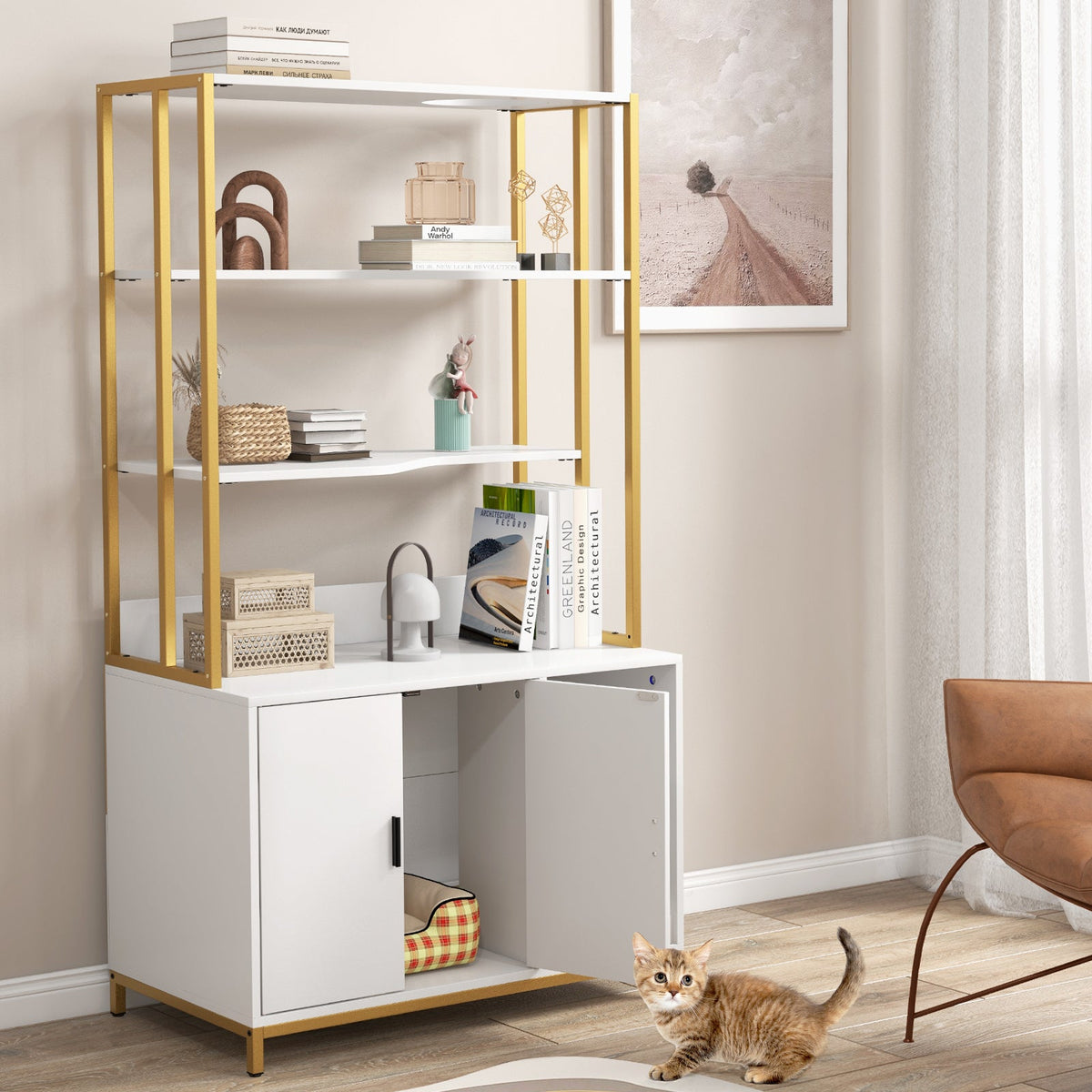 Cat Litter Box Enclosure with Storage and 3-tier Shelves-White