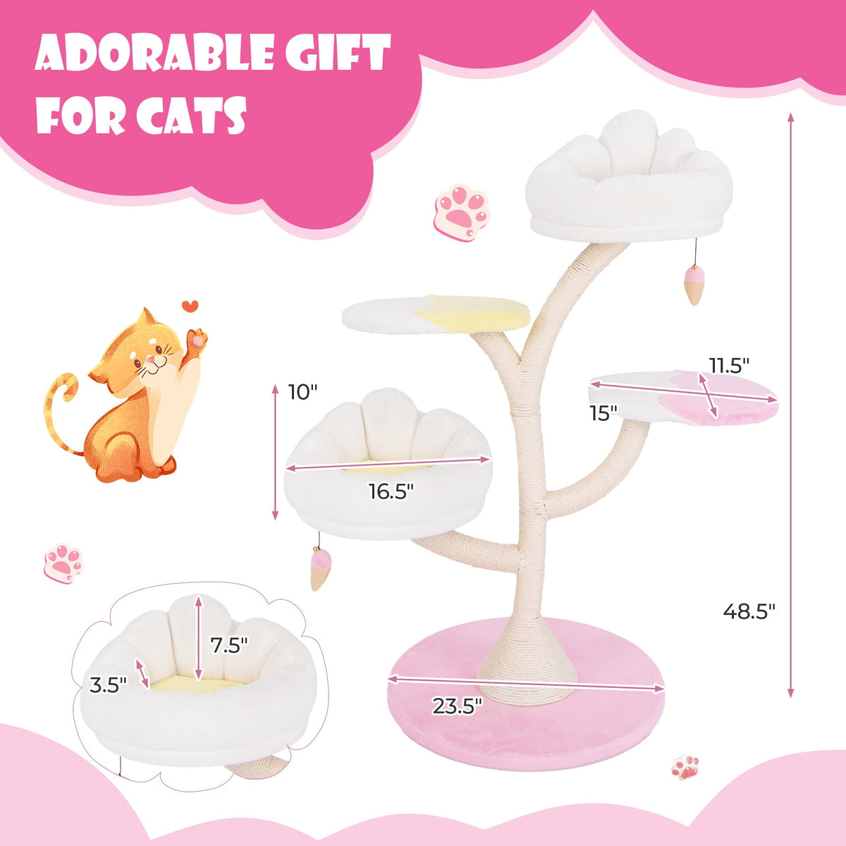 Multi-Layer Cat Tree Cat Tower with 2 Cat Perches 2 Platforms-Pink